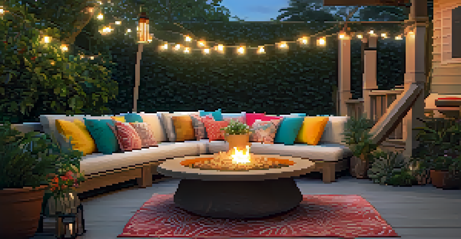A summer patio setup with colorful decorations and string lights.