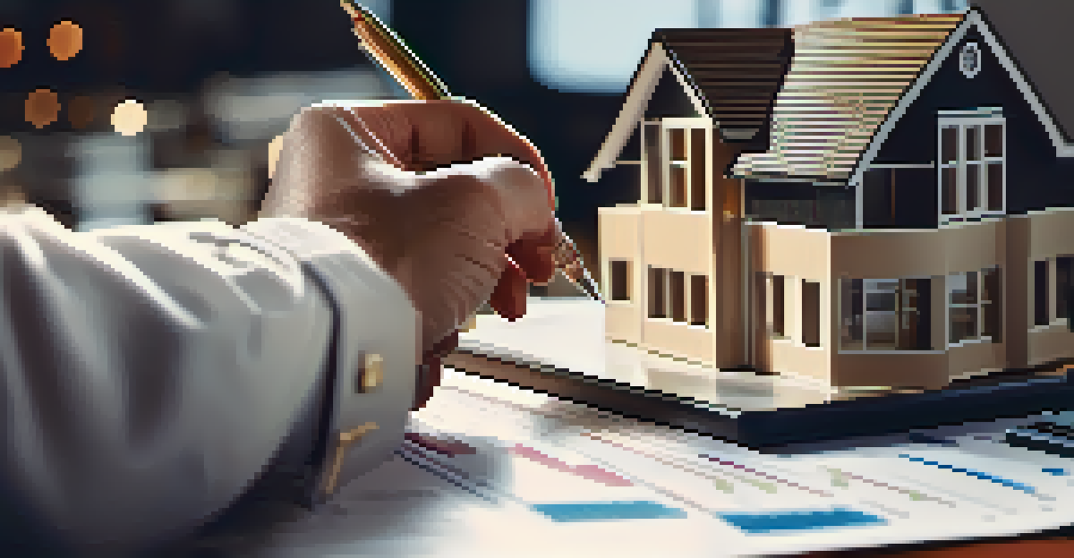 A close-up of hands holding a small house model with charts and a calculator in the background.
