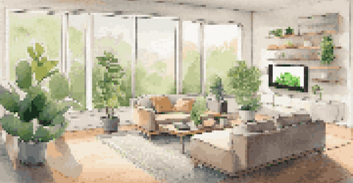 A modern living room with smart home devices, including a smart thermostat, automated lighting, and a tablet displaying energy statistics, illuminated by natural light.