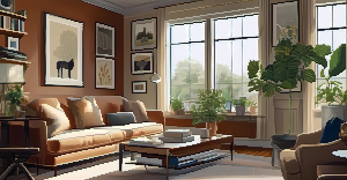 A cozy living room with a sofa, coffee table, and large window, illuminated by natural light, decorated with artwork and a potted plant.
