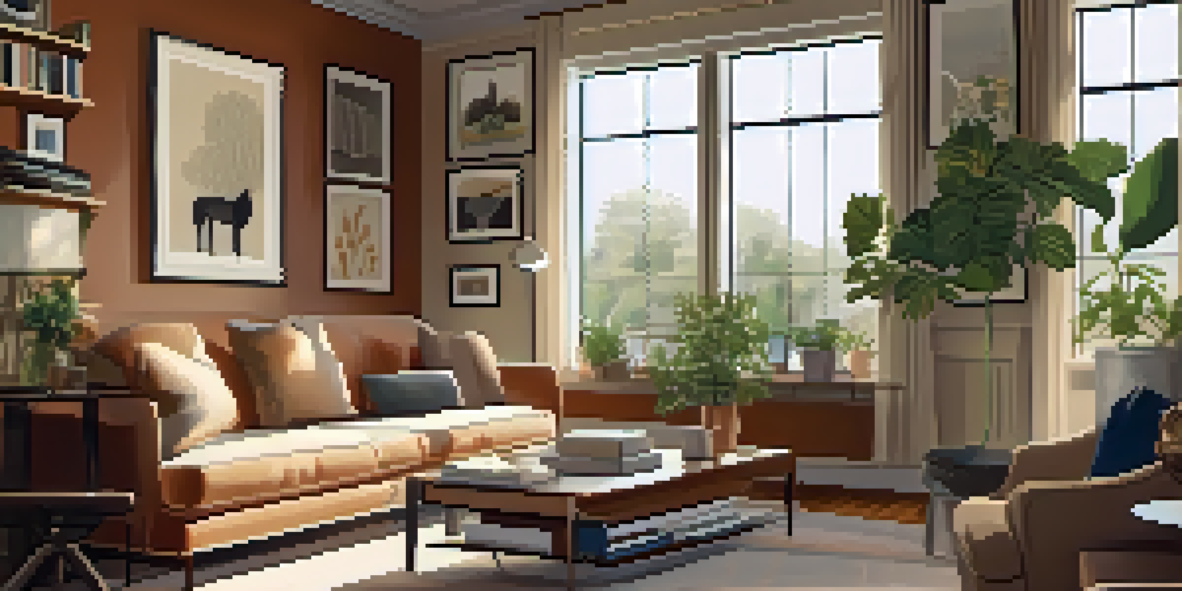 A cozy living room with a sofa, coffee table, and large window, illuminated by natural light, decorated with artwork and a potted plant.