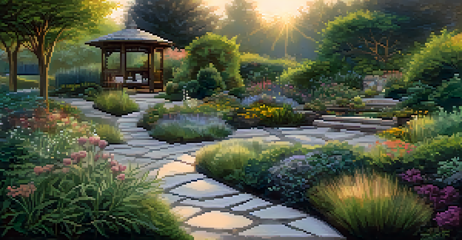 A landscaped garden with a winding path, native plants, and soft lighting at dusk.