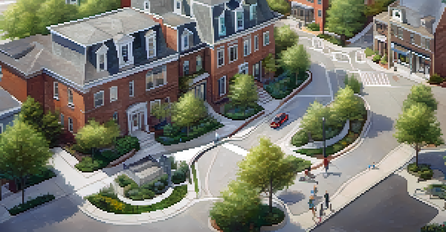 Aerial view of a mixed-use neighborhood with residential buildings, shops, and green spaces, highlighting a vibrant community.