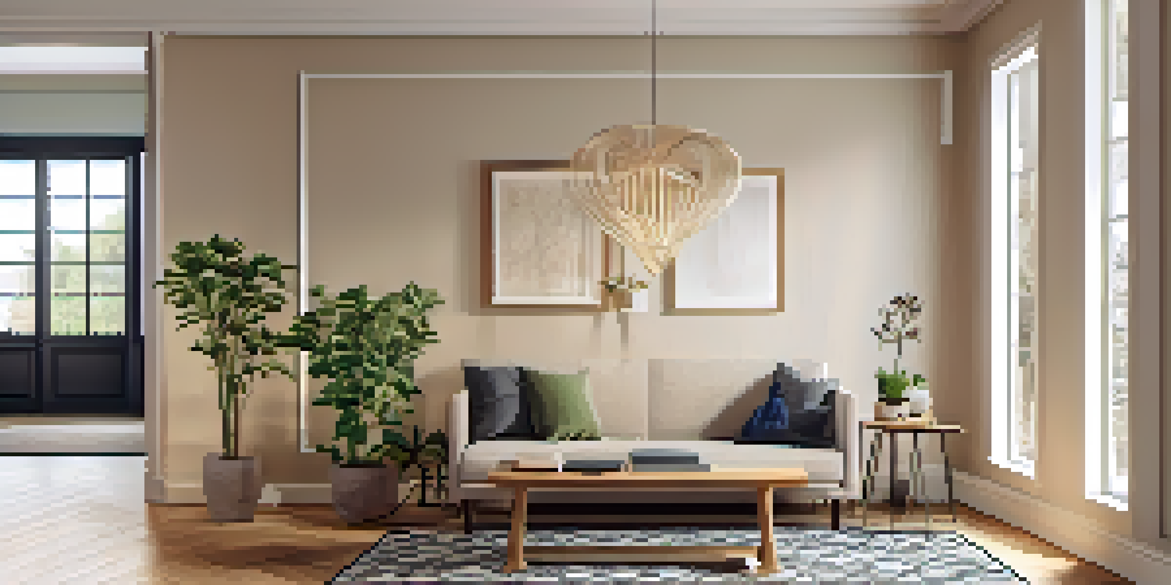 A warm and inviting urban entryway with a console table, plant, family photo, rug, coat, and bag.