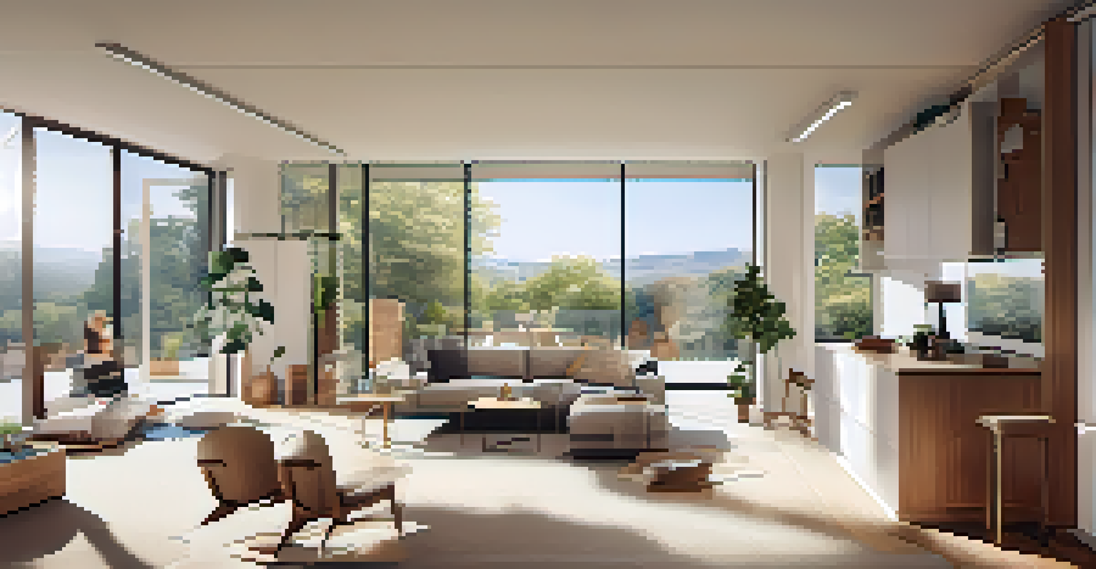 An interior of a flexible living space with movable walls and modular furniture, bright and airy with natural light.