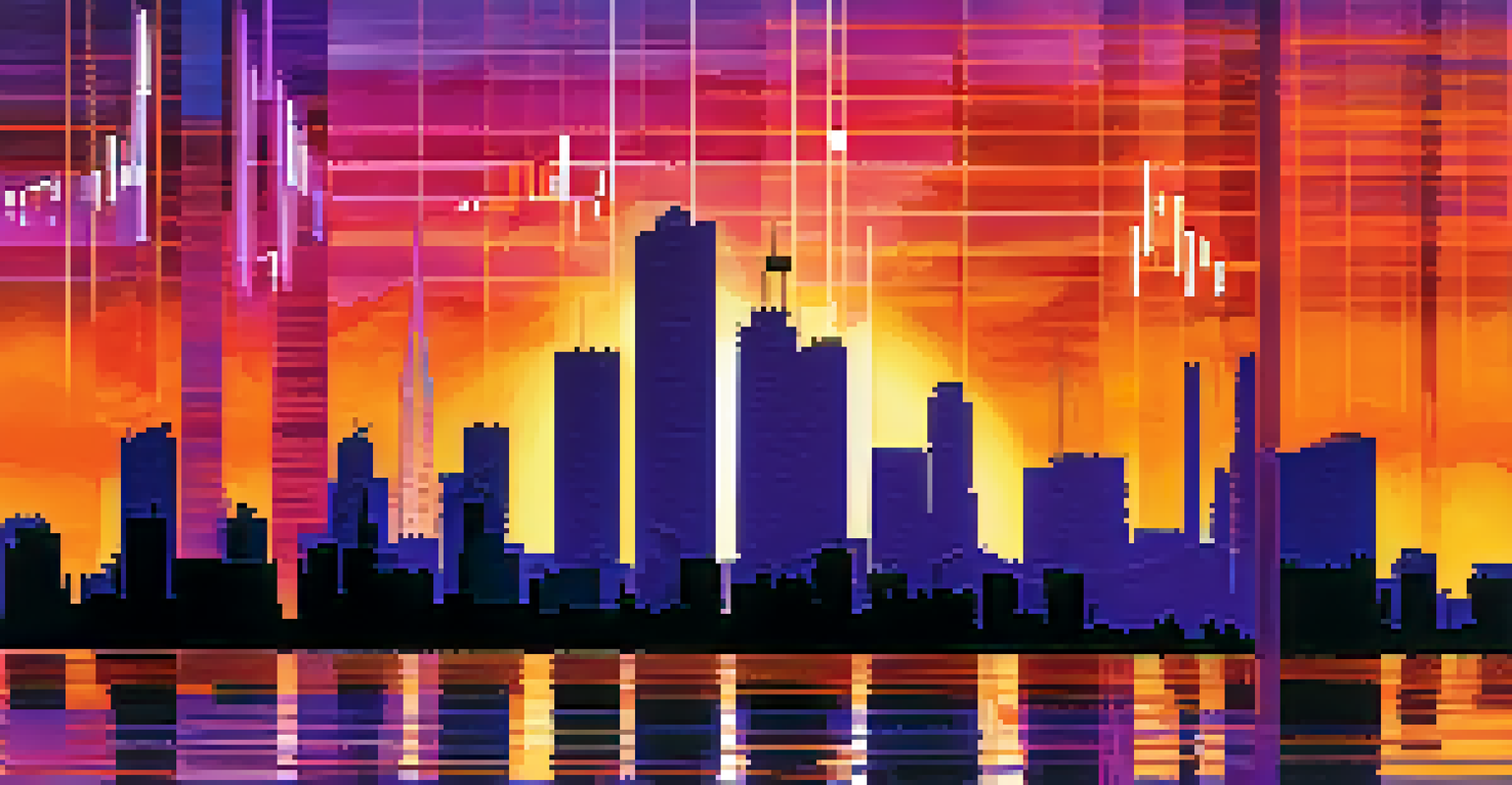 A stock market graph overlaid on a city skyline at sunset, showing market fluctuations in bright colors against a vibrant sky.