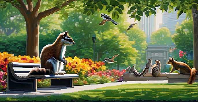A lively urban park with squirrels, birds, and a raccoon surrounded by trees and colorful flowers.