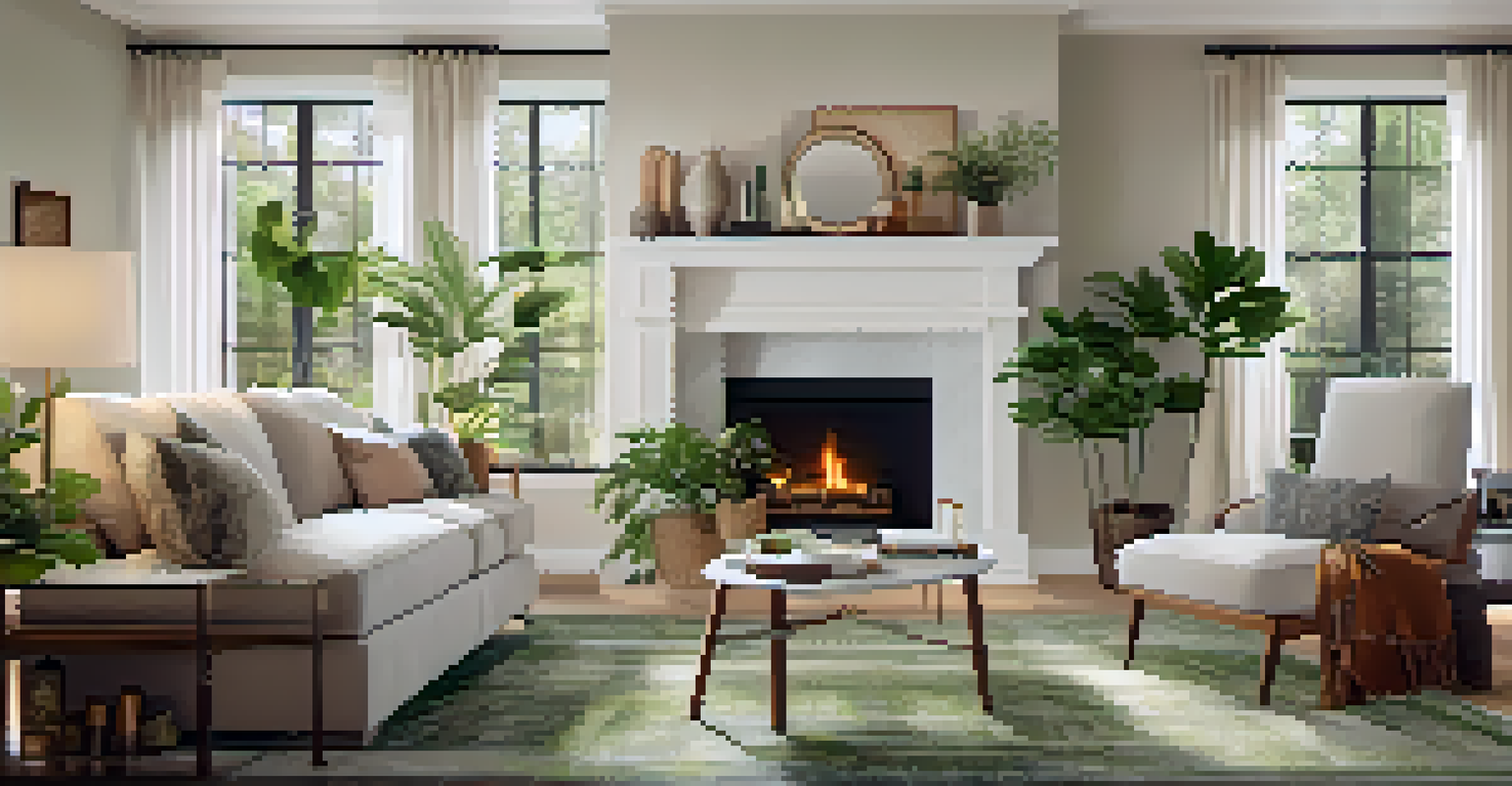 A cozy living room with a fireplace, bright sunlight coming through large windows, and elegant decor including plants and a plush rug.