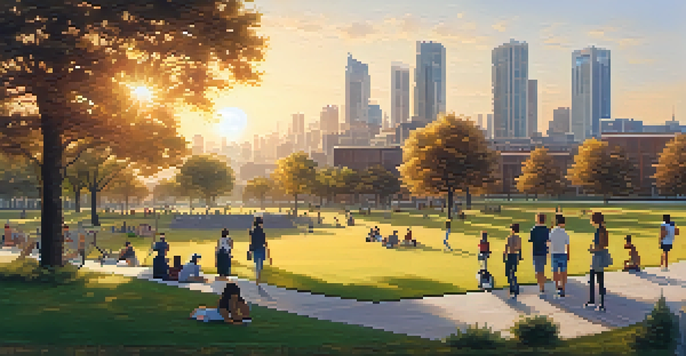A peaceful urban scene with a mix of residential and commercial buildings at sunset, featuring a park and people enjoying leisure time.