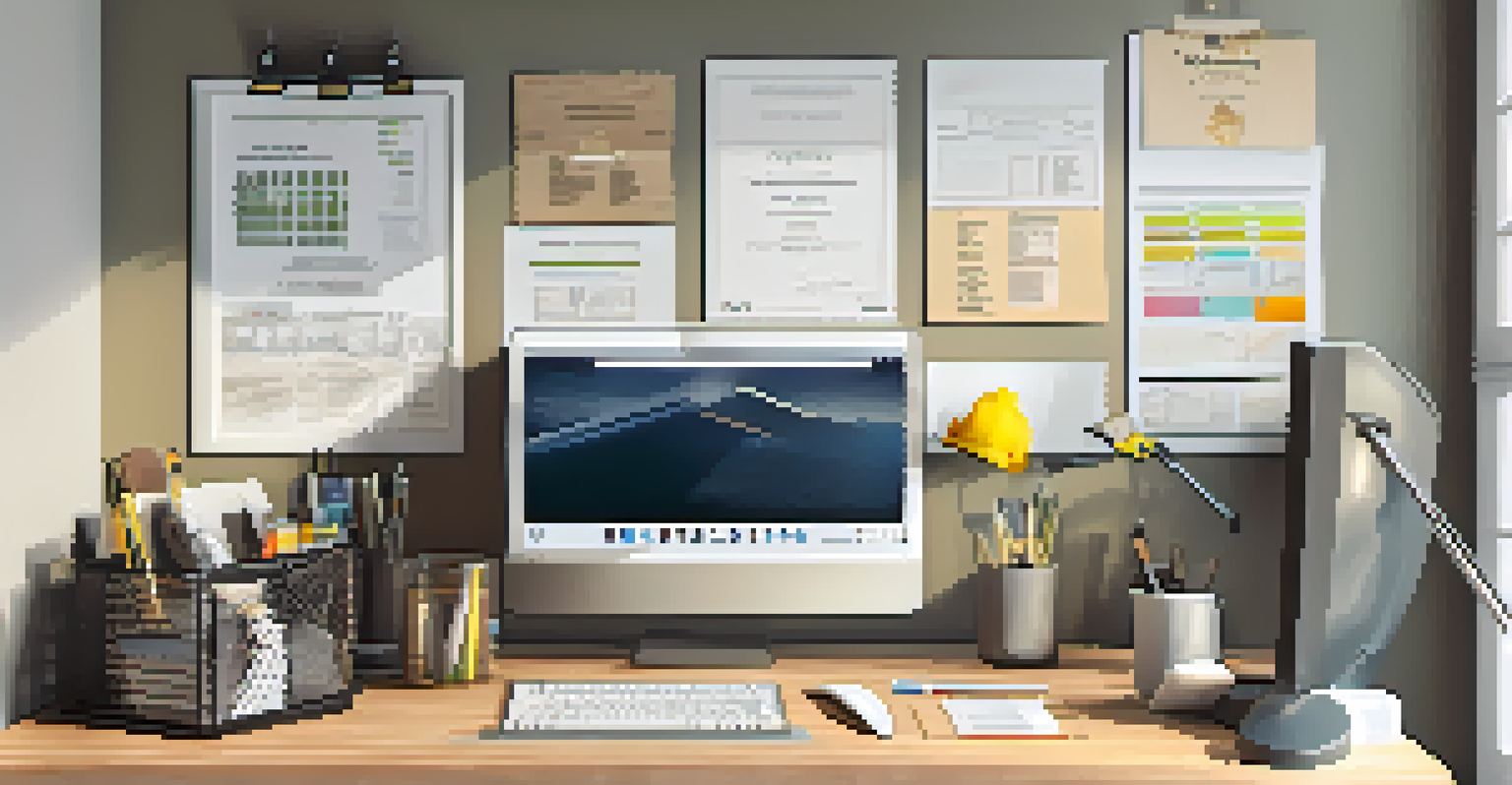 A contractor's workspace with tools, a laptop, and certificates on the wall.
