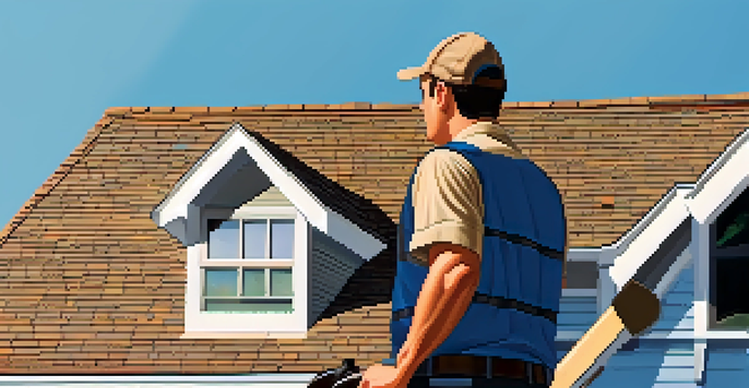 A home inspector closely examines a roof with a flashlight under warm afternoon sunlight, surrounded by a suburban house and clear blue sky.