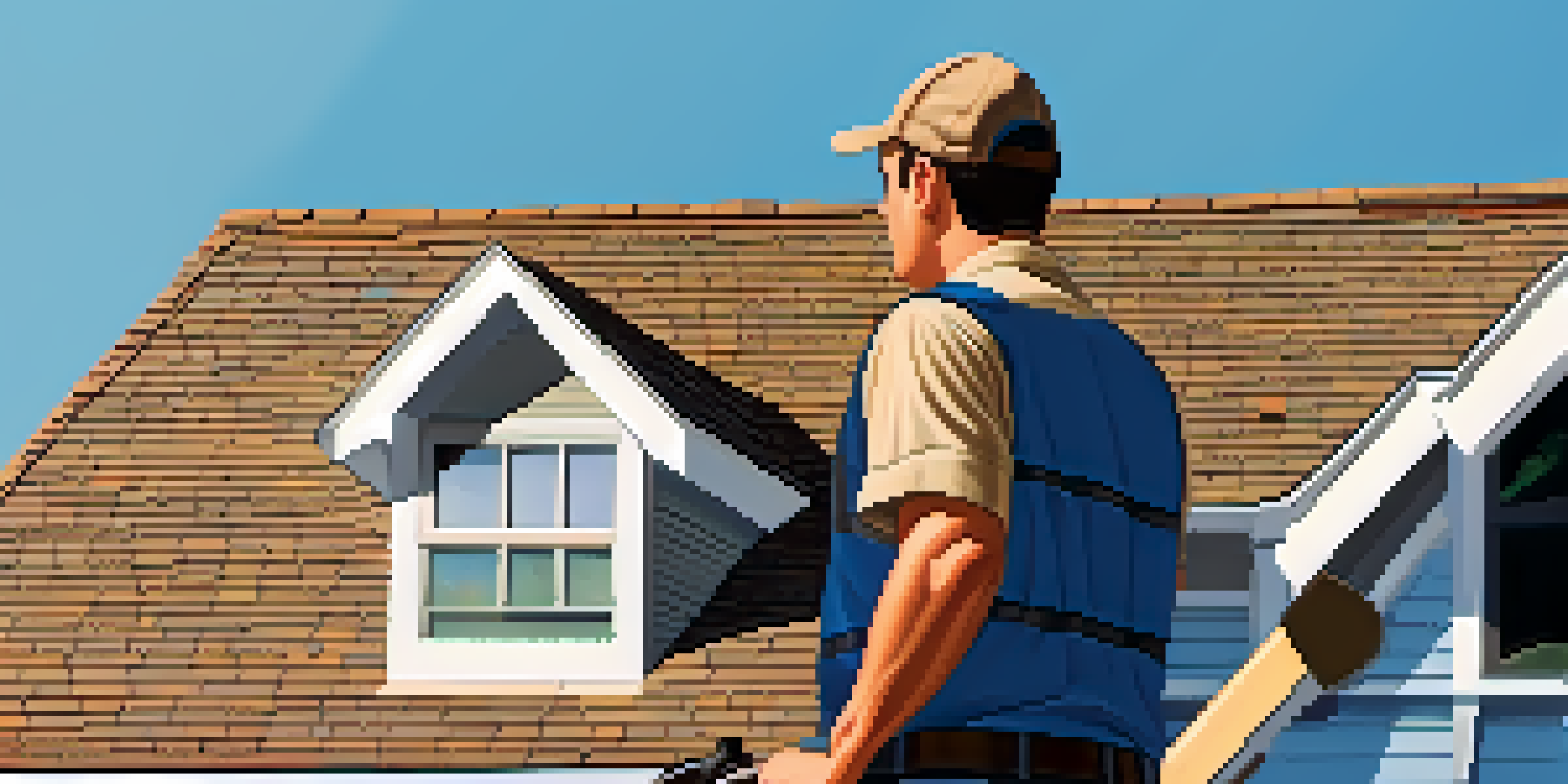 A home inspector closely examines a roof with a flashlight under warm afternoon sunlight, surrounded by a suburban house and clear blue sky.