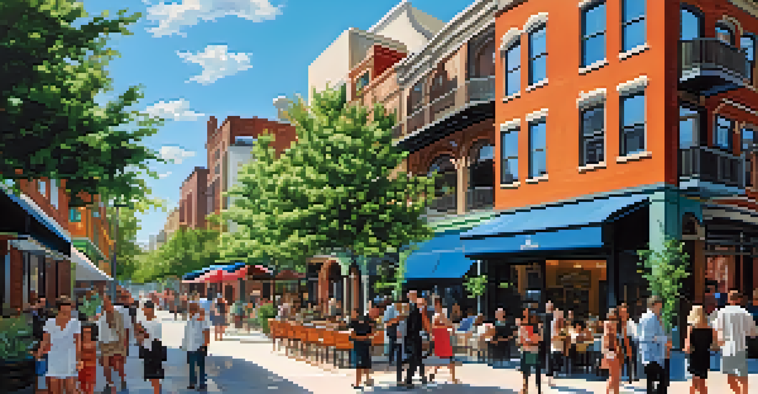 A lively urban street showcasing mixed-use developments with people enjoying outdoor cafes and public art.