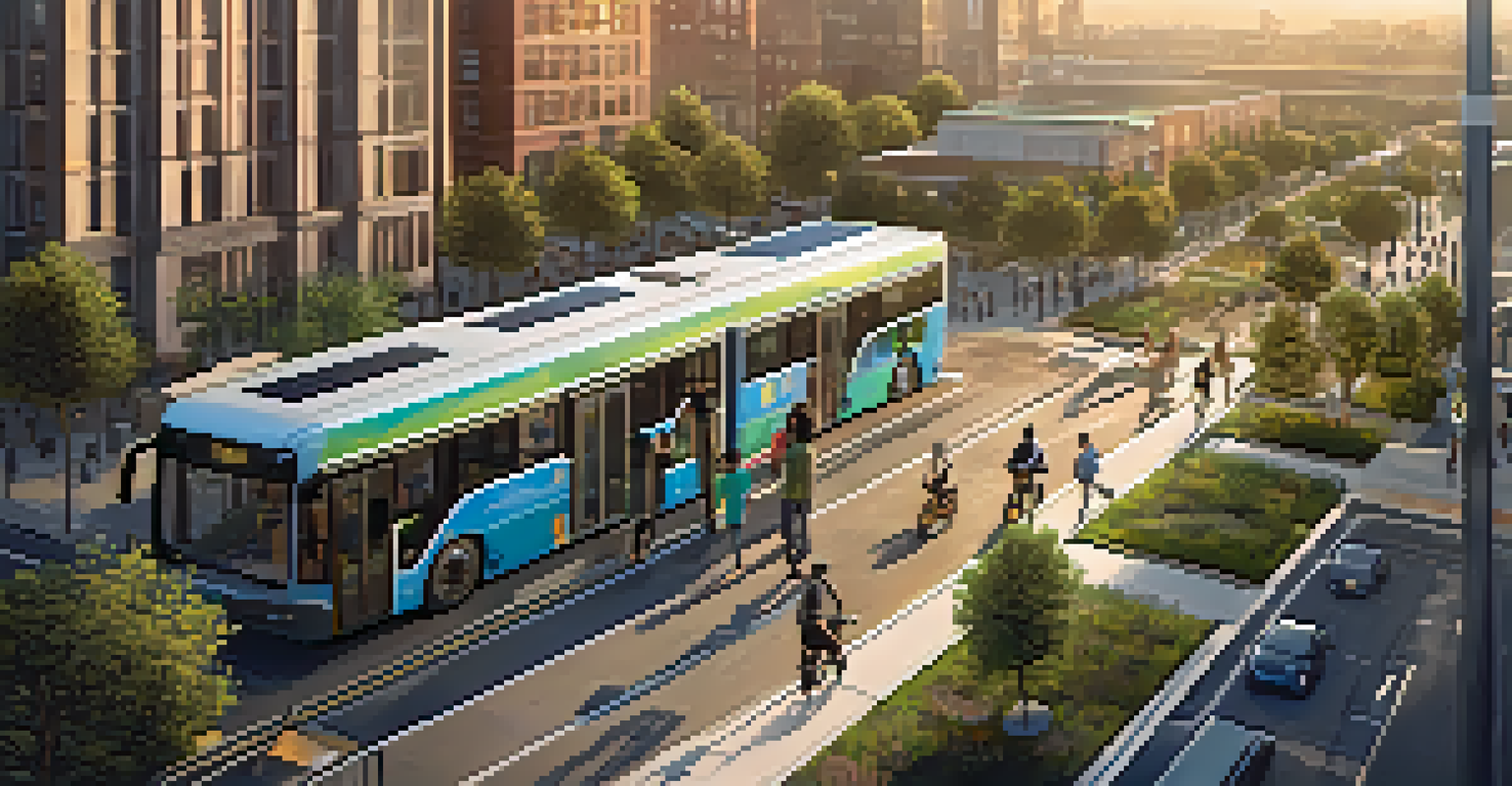 An aerial view of a modern city with bike lanes, electric buses, and public transit hubs surrounded by greenery during sunset.