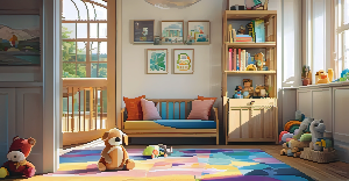 A cozy living room with a wooden child safety gate, soft toys on a colorful rug, and warm sunlight.