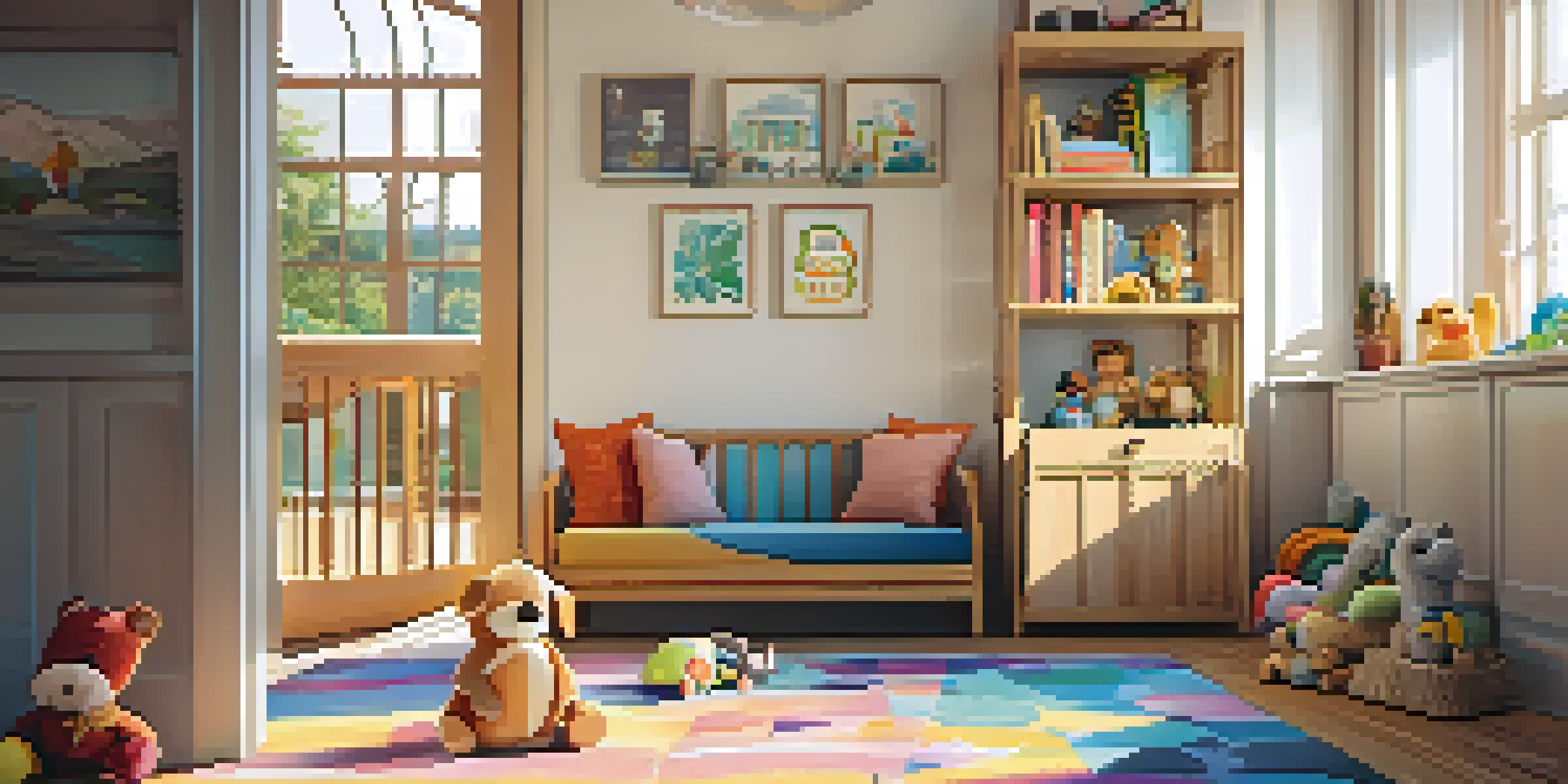 A cozy living room with a wooden child safety gate, soft toys on a colorful rug, and warm sunlight.