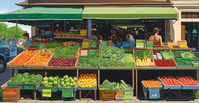 A lively farmer's market stall filled with organic fruits and vegetables, featuring green certification signage and diverse shoppers under sunlight.