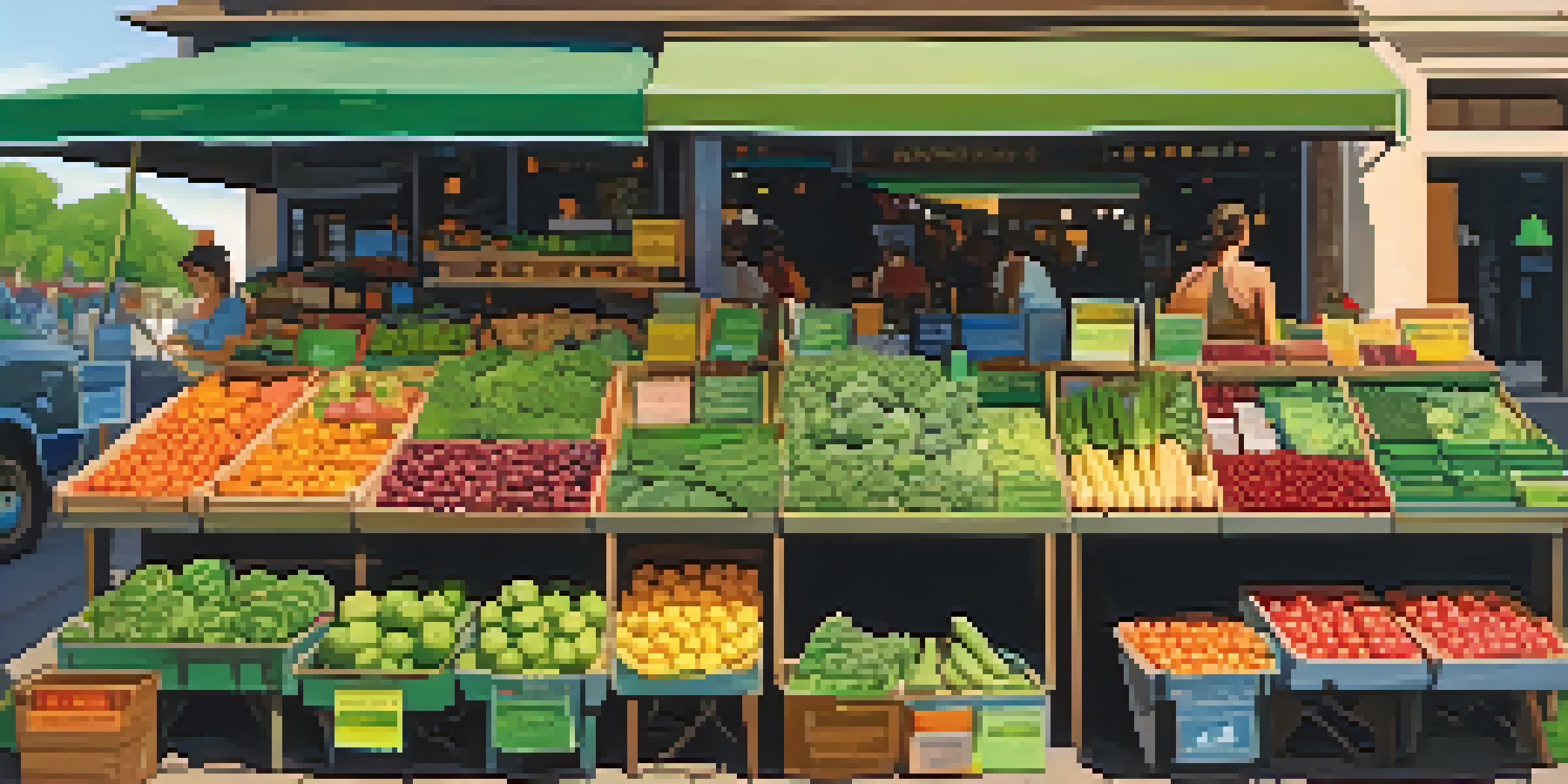 A lively farmer's market stall filled with organic fruits and vegetables, featuring green certification signage and diverse shoppers under sunlight.