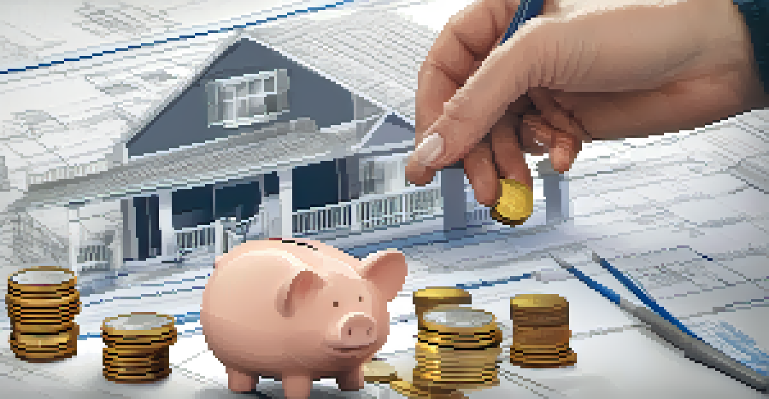 A hand holding a piggy bank next to a blueprint, with a blurred construction site in the background.