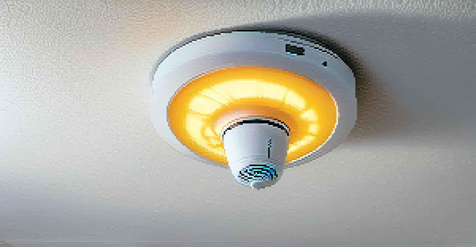 A smoke and carbon monoxide detector on a ceiling in a well-lit room.