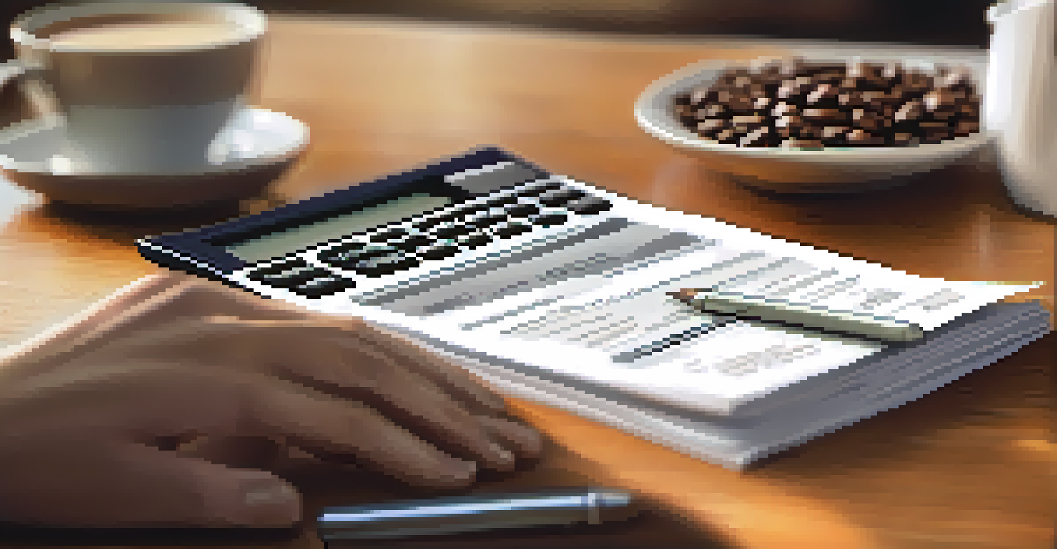 A hand holding a mortgage application form with a calculator and coffee in the background.