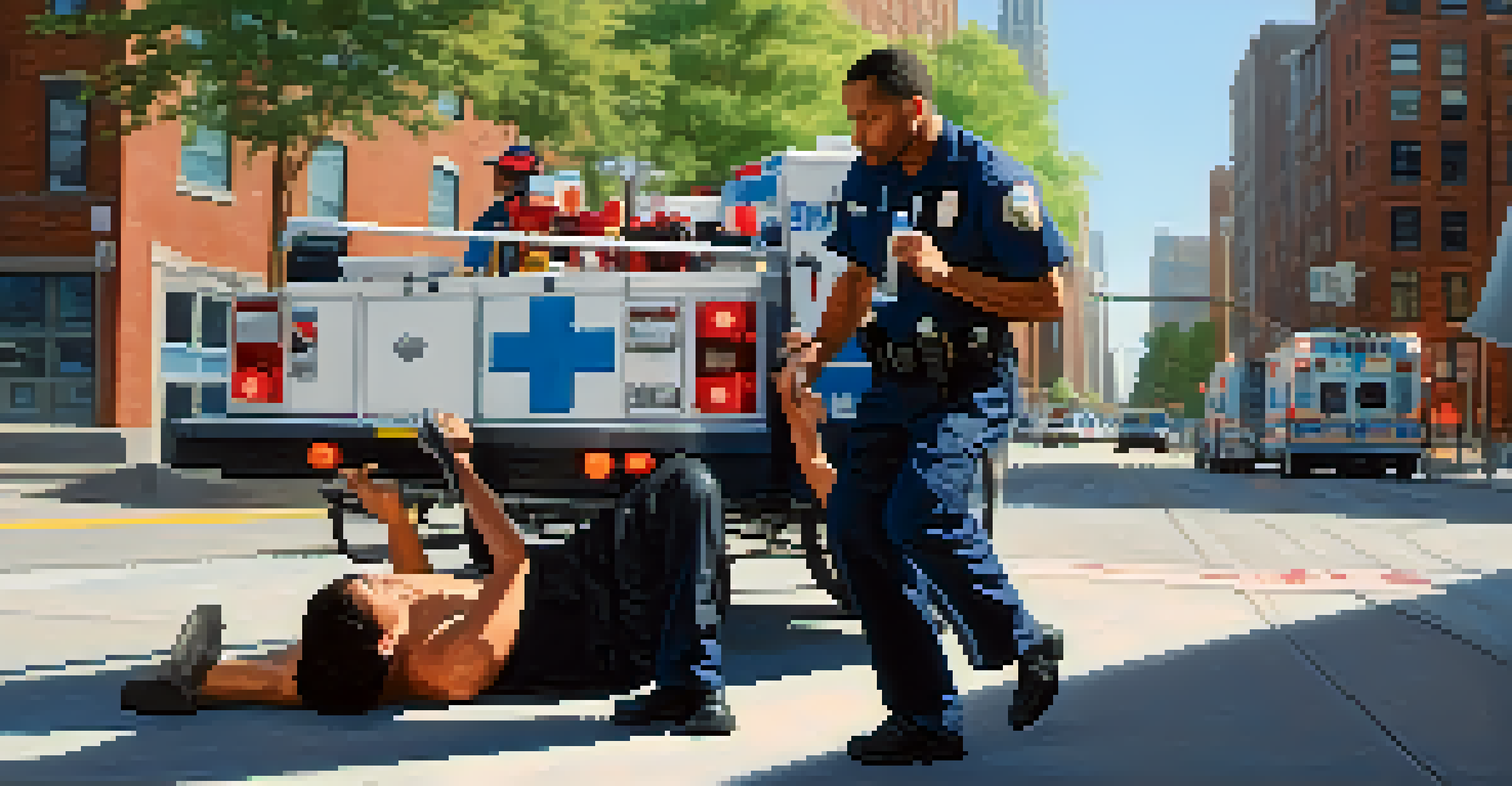 An EMT assists an injured person near an ambulance in a city.