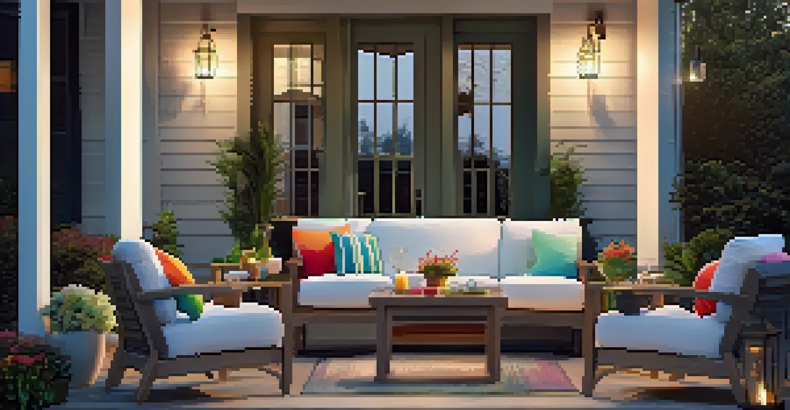 A cozy front porch with outdoor furniture, colorful cushions, and soft lighting, creating a warm and inviting atmosphere.