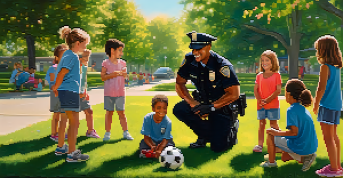 A police officer interacts with children in a sunny park, fostering a sense of community and safety.