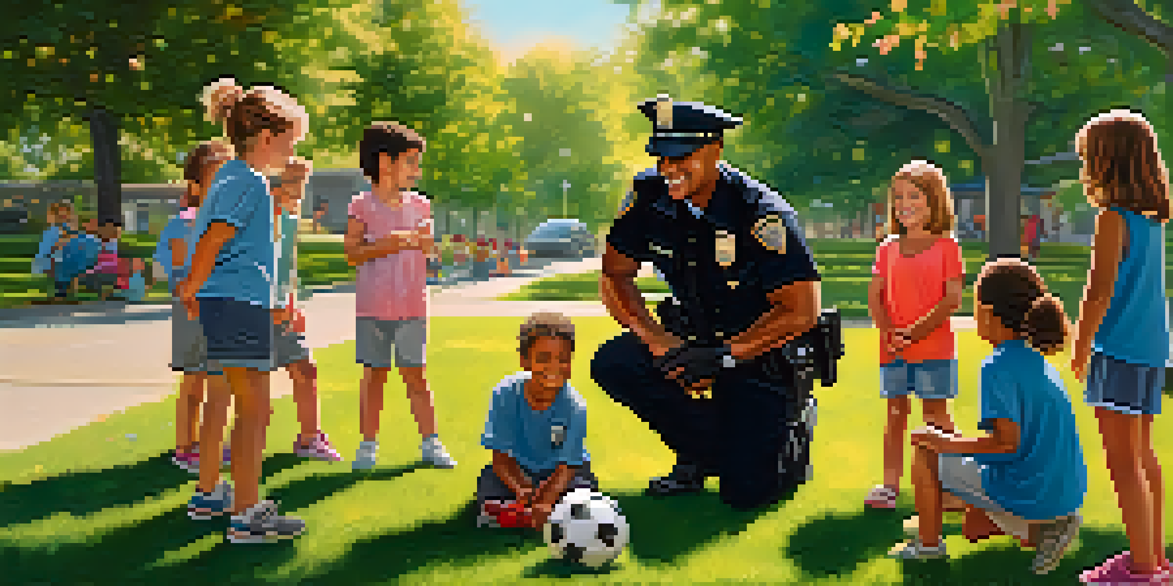 A police officer interacts with children in a sunny park, fostering a sense of community and safety.