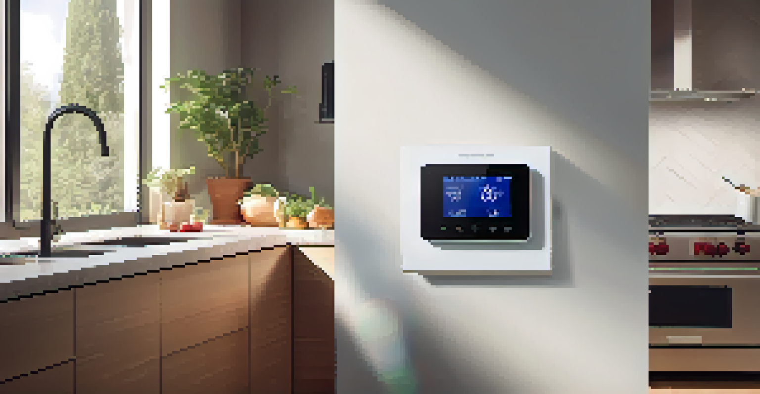 Close-up of a smart thermostat in a stylish kitchen, showcasing energy usage statistics and modern appliances.