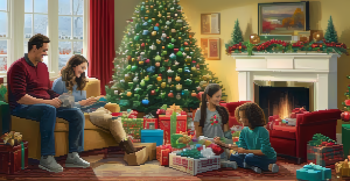 A family joyfully organizing holiday decorations in a warmly lit living room, with a decorated Christmas tree in the background.