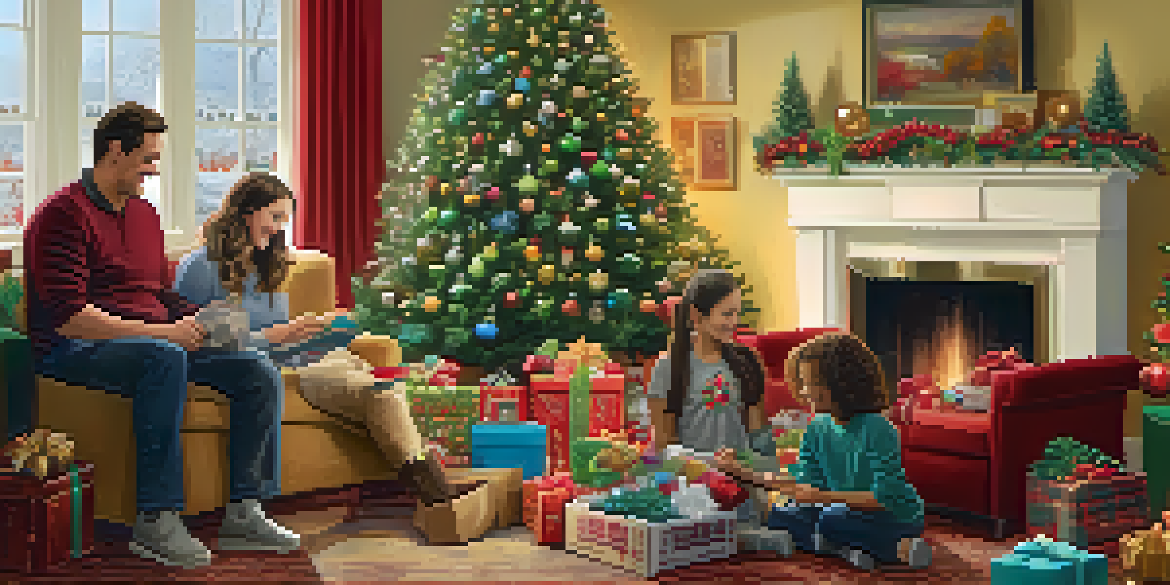 A family joyfully organizing holiday decorations in a warmly lit living room, with a decorated Christmas tree in the background.