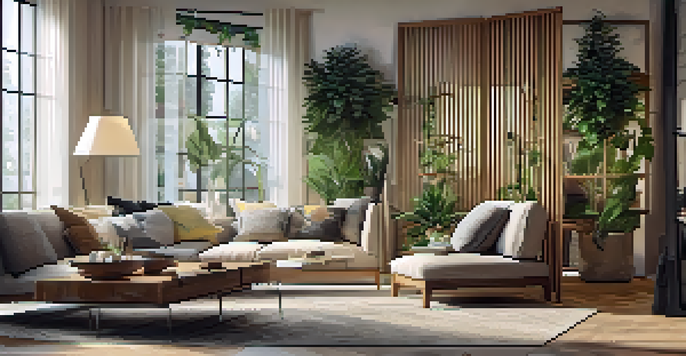 A living room with a wooden room divider separating a workspace from a relaxation area, decorated with plants and artwork.