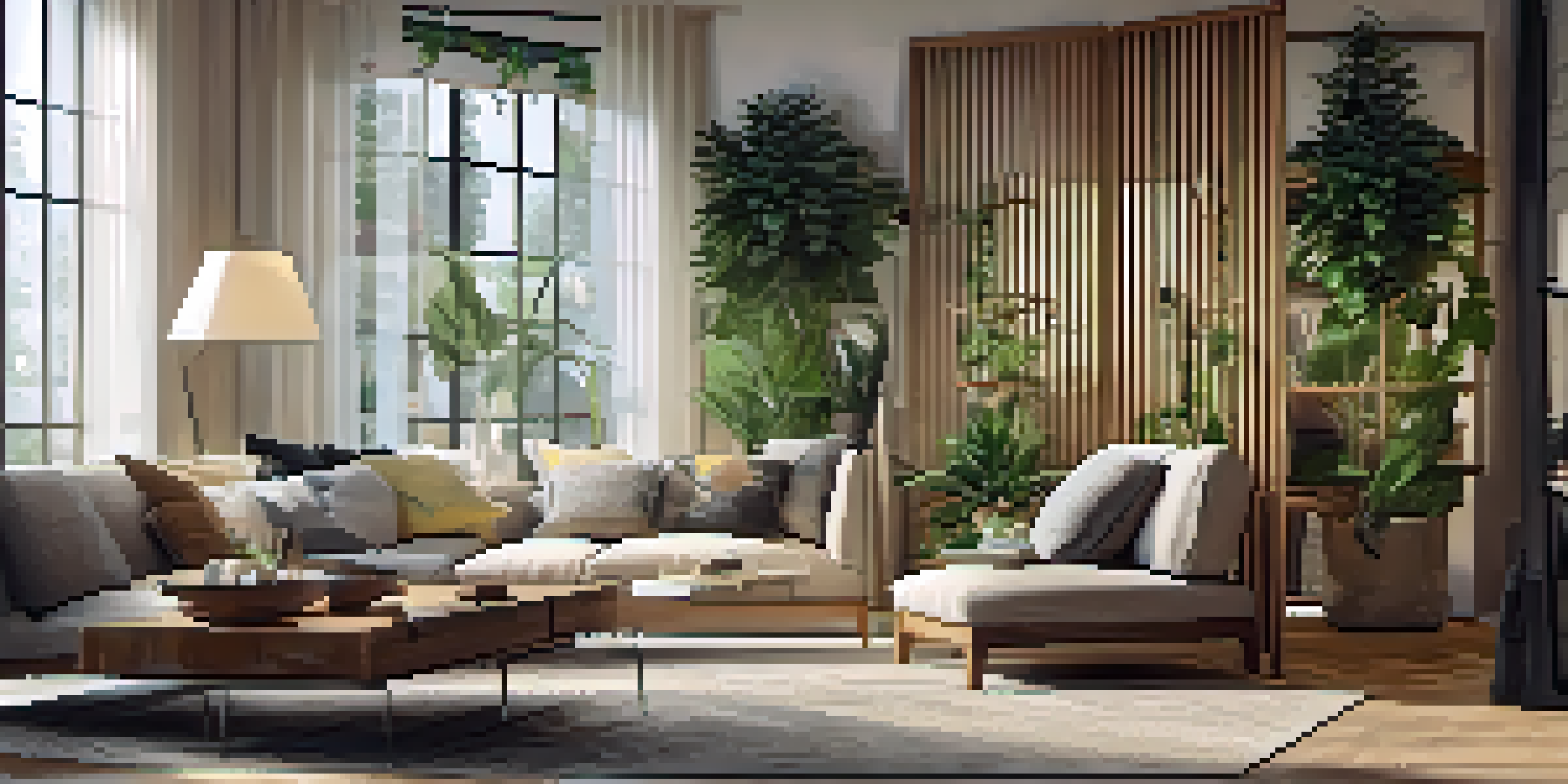 A living room with a wooden room divider separating a workspace from a relaxation area, decorated with plants and artwork.