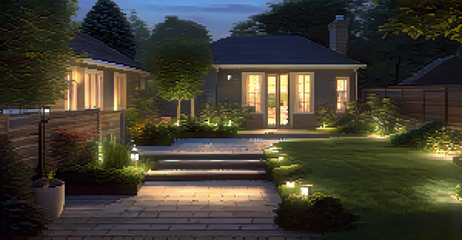 A garden at dusk with smart outdoor lighting and a security camera, creating a warm and inviting atmosphere.