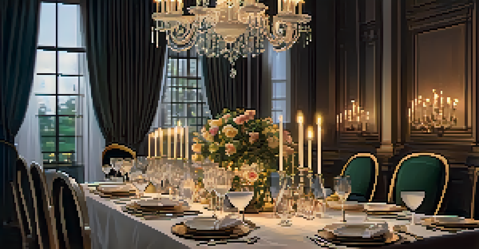 An intimate indoor dining table setting with a chandelier and candles, creating a warm atmosphere.