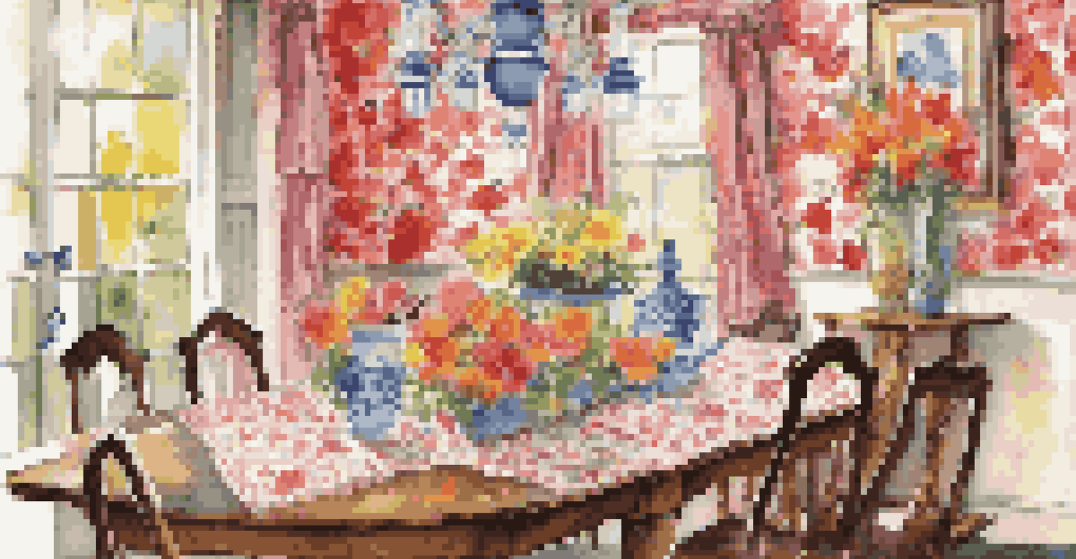 An eclectic dining area featuring a rustic wooden table with colorful tableware and floral wallpaper, illuminated by sunlight creating soft shadows.