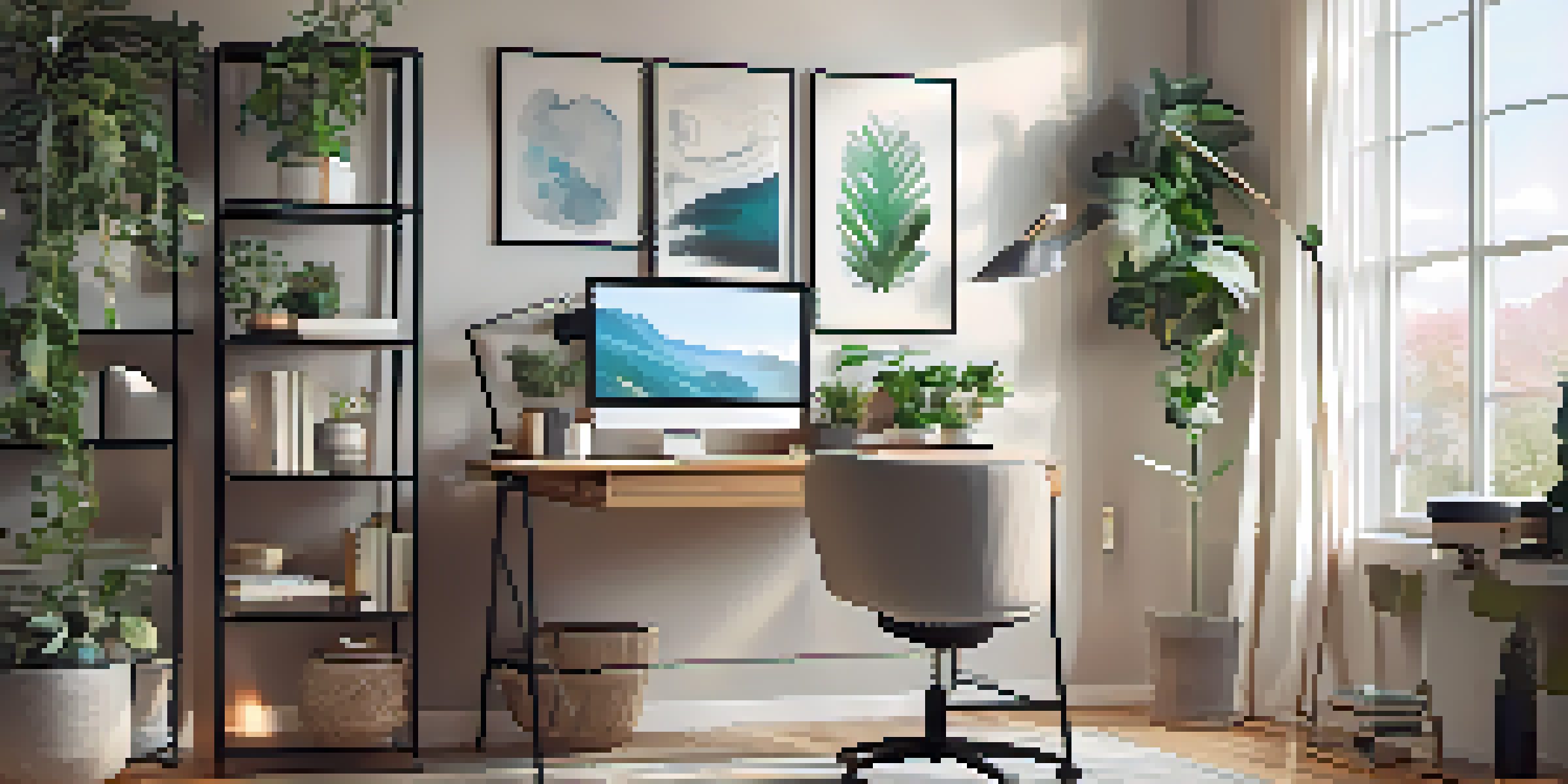A contemporary home office with a smart ergonomic desk, computer, and smart speaker, surrounded by plants and natural light.