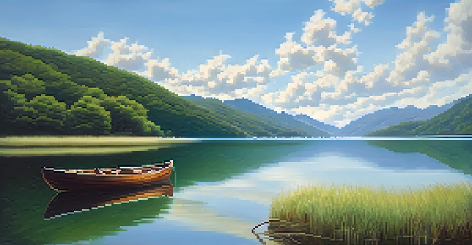 A peaceful lake surrounded by green mountains under a clear blue sky, with a wooden boat on the water.