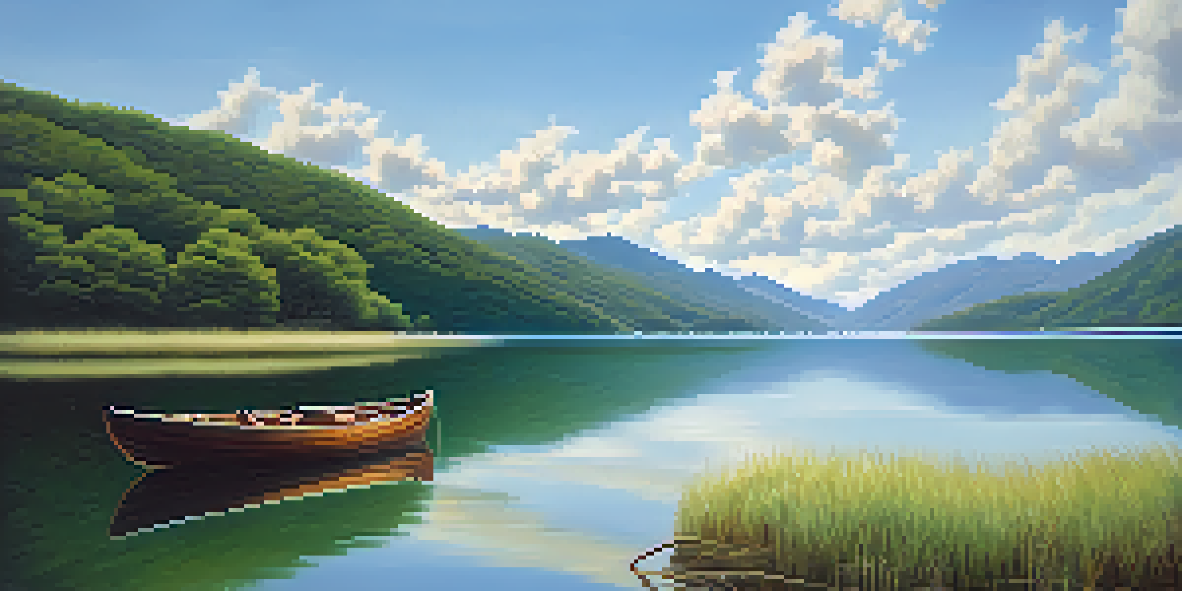 A peaceful lake surrounded by green mountains under a clear blue sky, with a wooden boat on the water.