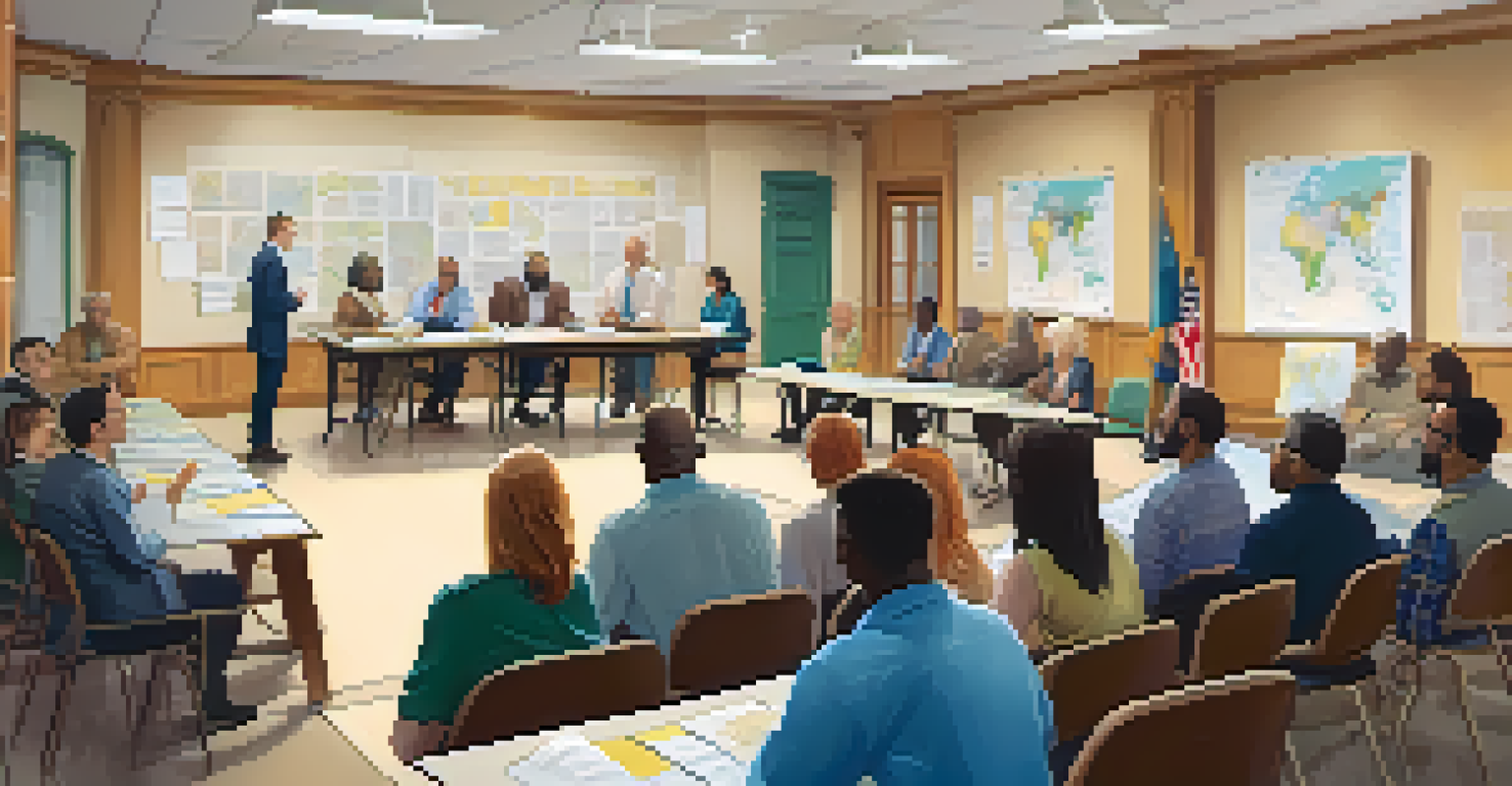 A community meeting in a town hall setting where diverse residents discuss zoning laws and urban planning with maps and documents on the table.