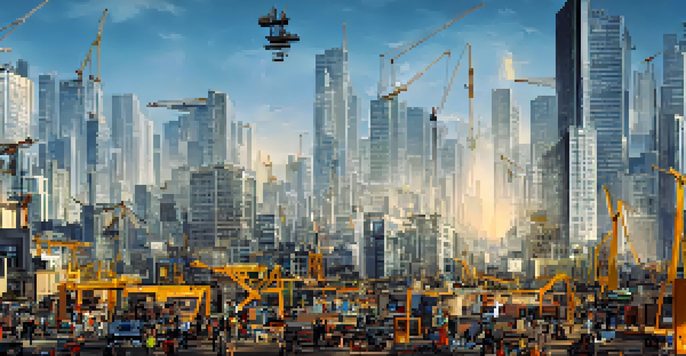 An urban development scene with construction cranes and diverse young professionals discussing plans against a sunset backdrop.