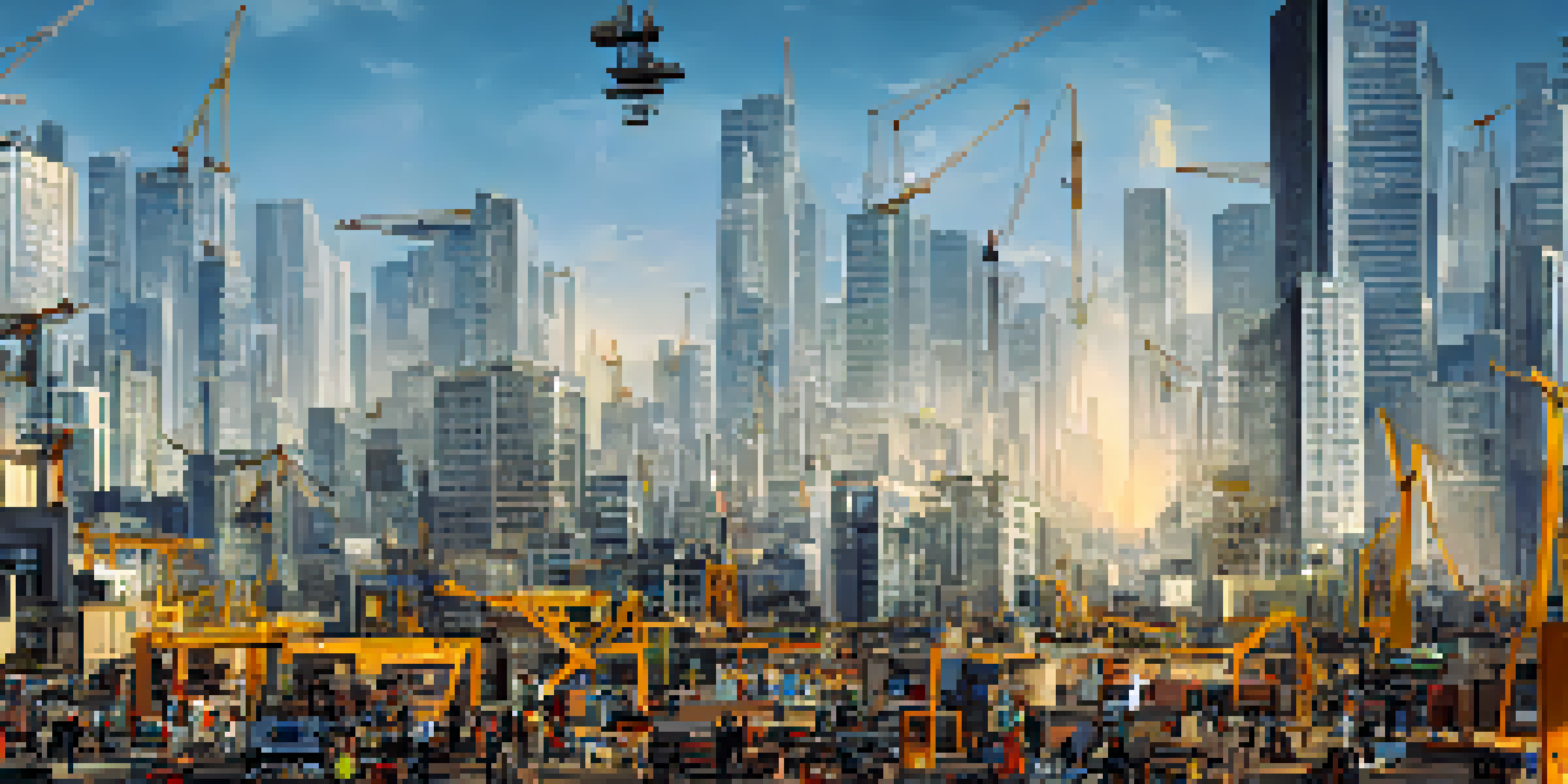 An urban development scene with construction cranes and diverse young professionals discussing plans against a sunset backdrop.