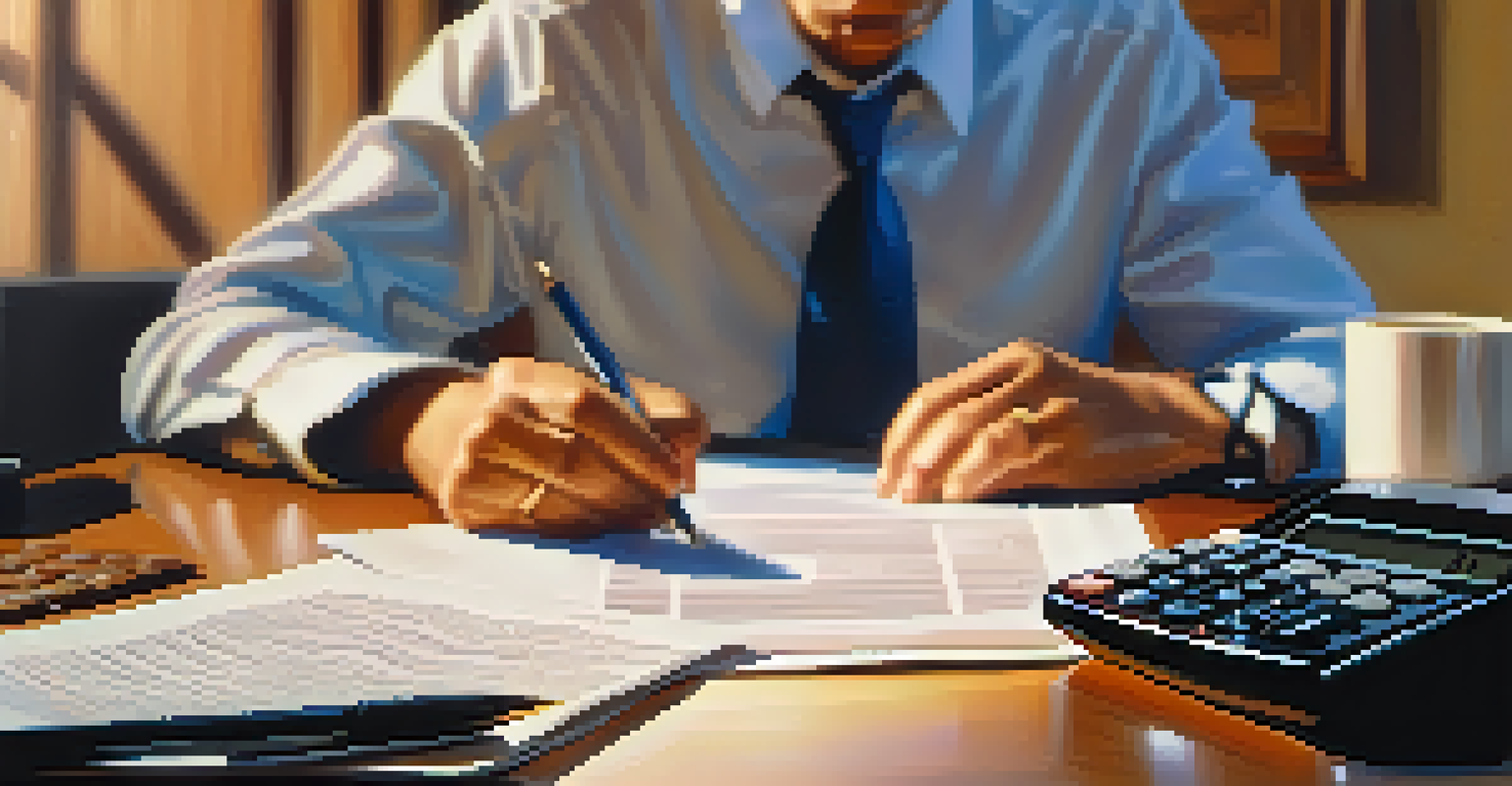 A person analyzing financial documents with a calculator, coffee cup, and notepad on the table in a warm lit environment.