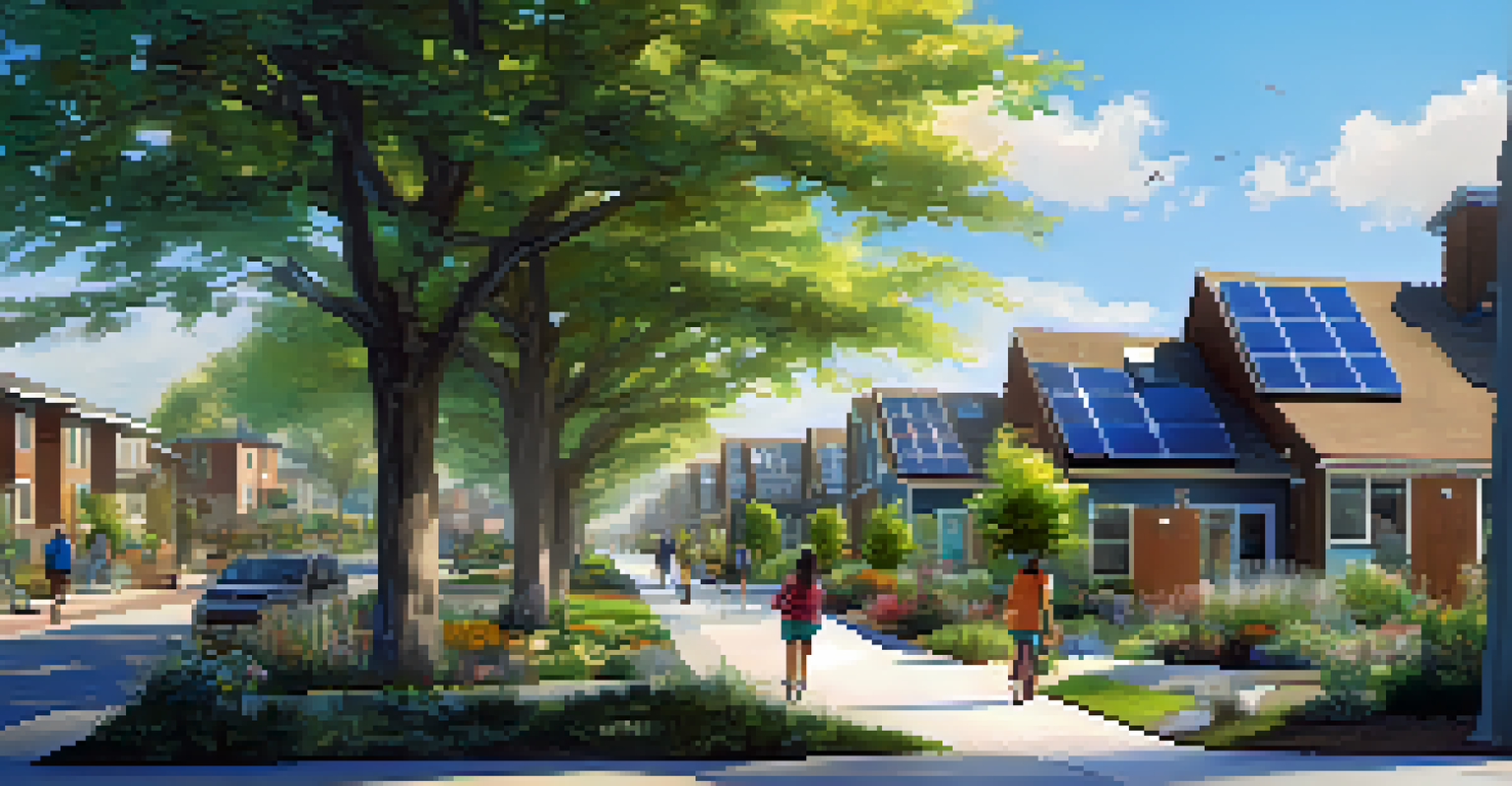A modern neighborhood with solar panels, community garden, and residents enjoying the eco-friendly environment.