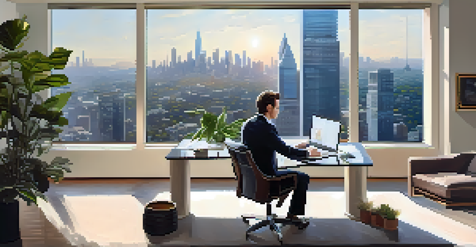 A focused investor reviewing financial data on a laptop in a modern office with a city view.