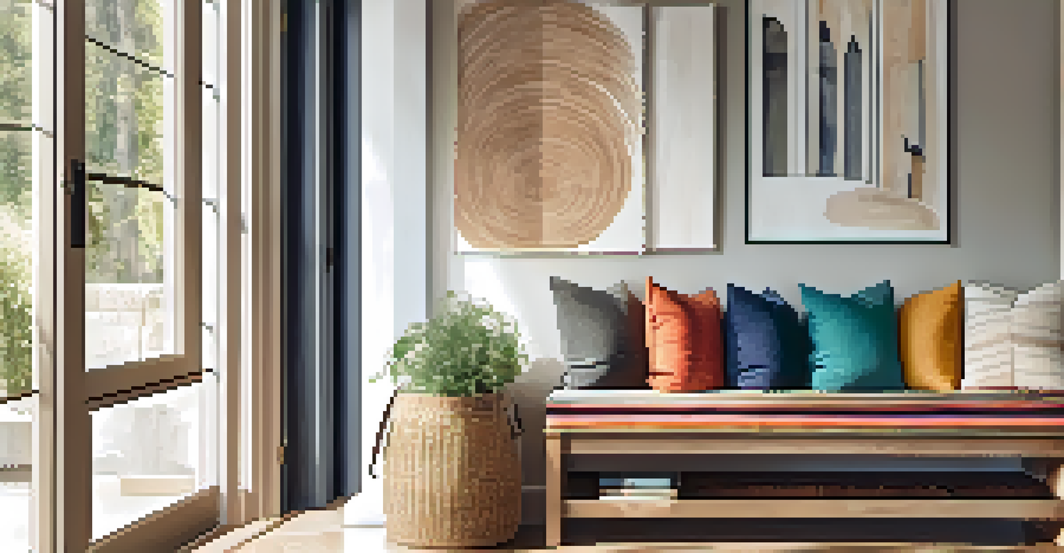 A wooden bench with cushions in an entryway, featuring storage compartments beneath, illuminated by natural light.