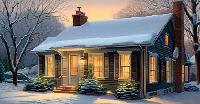 A warm and inviting home during winter, with snow falling outside and lights glowing from the windows, creating a cozy atmosphere.