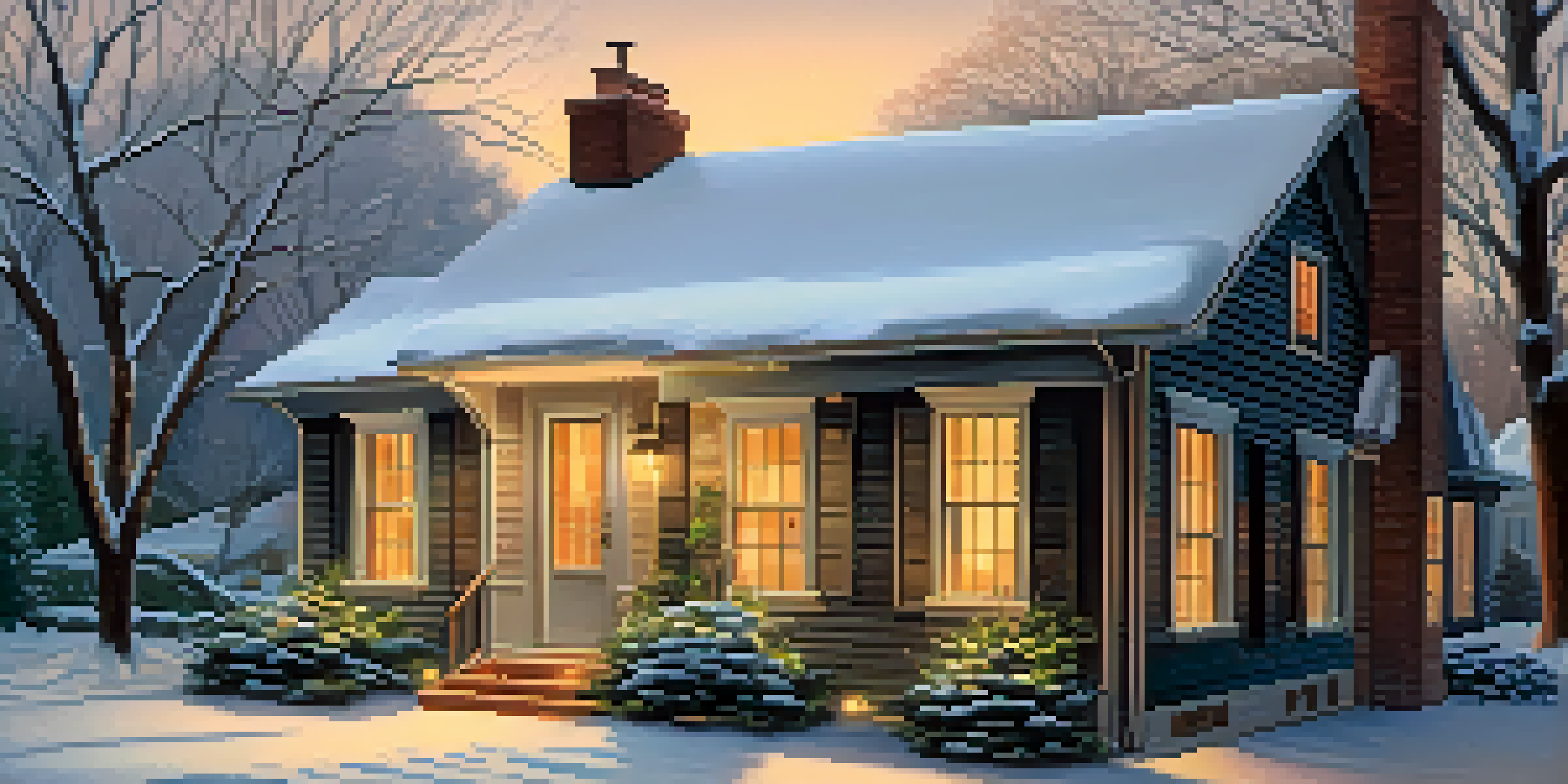 A warm and inviting home during winter, with snow falling outside and lights glowing from the windows, creating a cozy atmosphere.