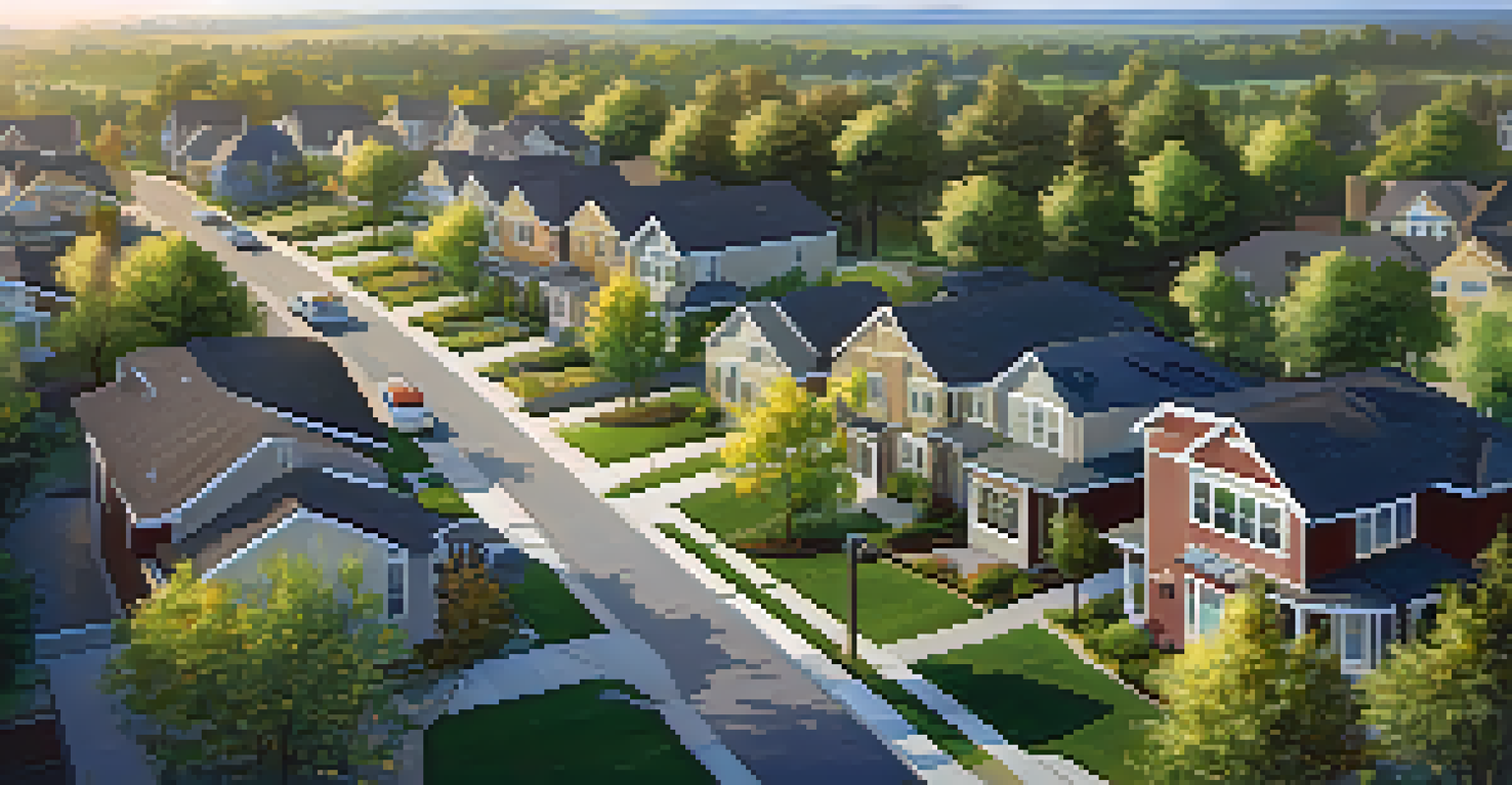 An aerial view of a suburban neighborhood with eco-friendly homes, solar panels, and community gardens in the afternoon light.